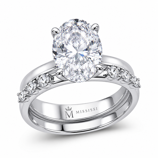 5 carat oval lab-grown diamond two-piece bridal set in a white-toned metal setting