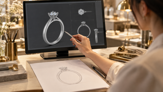 Jeweler reviewing a solitaire ring CAD design beside a paper sketch in a jewelry studio