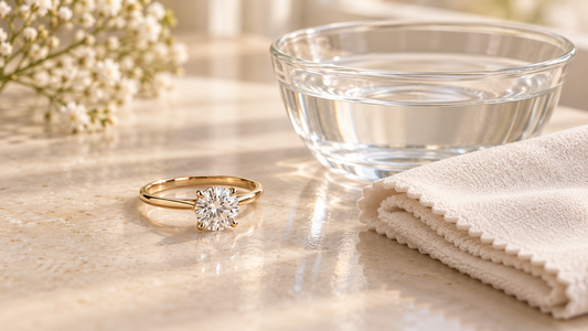 Diamond ring beside a lint-free cloth and a small bowl for gentle jewelry cleaning
