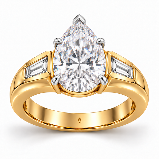 Pear Arcade ring with yellow-gold band and white-gold pear-center prongs, AI-generated design visualization