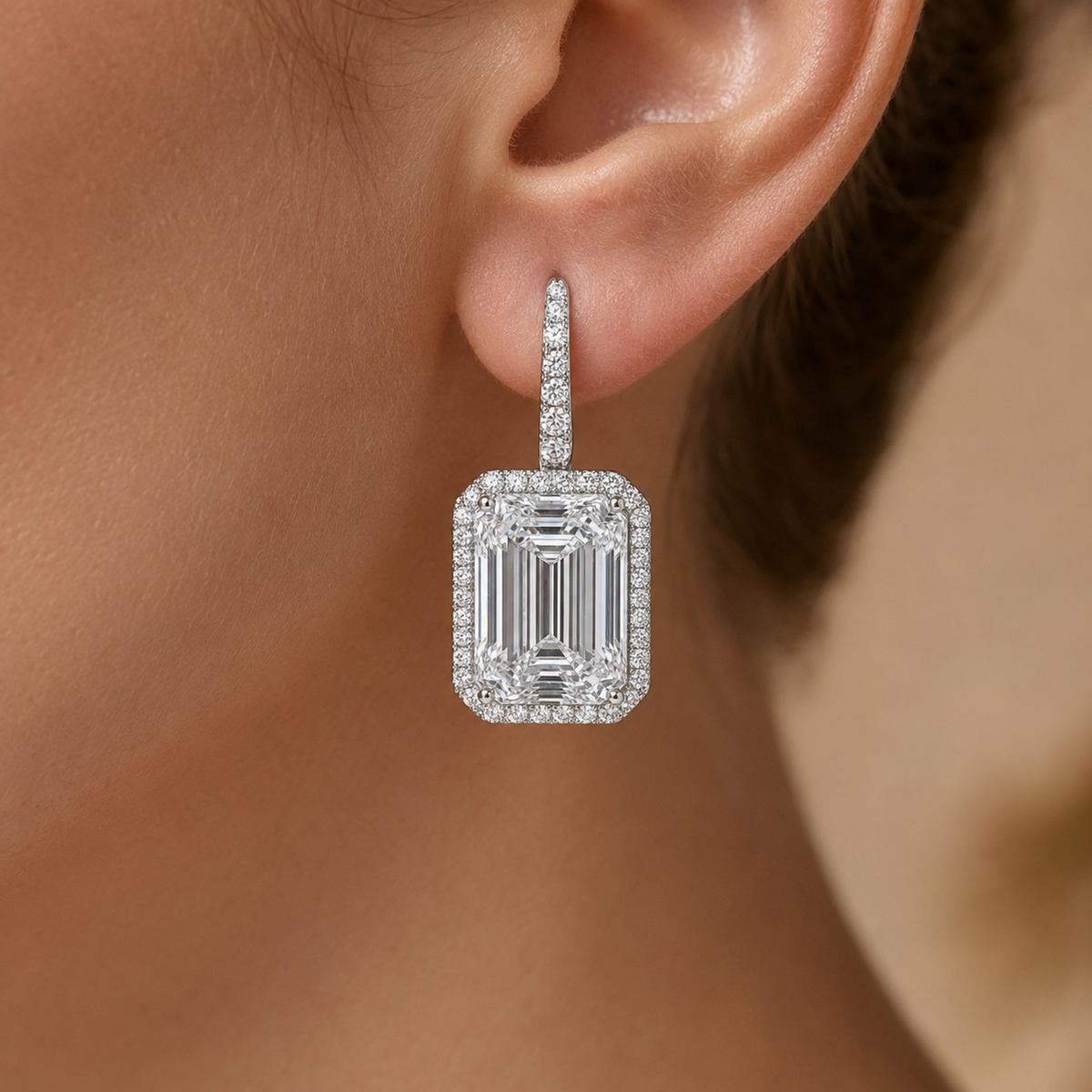 6 CTW Emerald Cut Lab-Grown Diamond Platinum Drop Earrings, jewelry detail view — MISSISSI Fine Jewelry