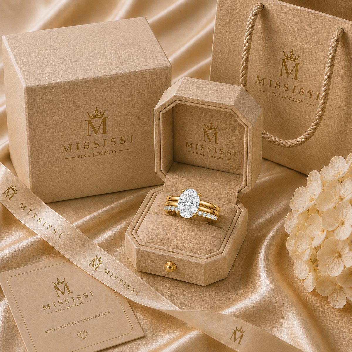 6 Carat Oval Lab-Grown Diamond 3-Ring Bridal Set, jewelry detail view — MISSISSI Fine Jewelry