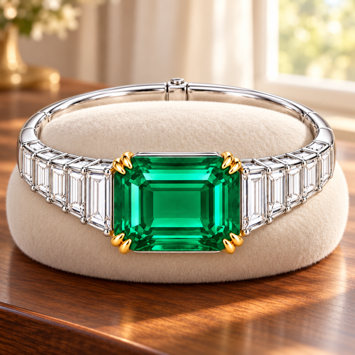 MISSISSI GE26-B01 lab-grown emerald bangle, styled scene. Design visualization.
