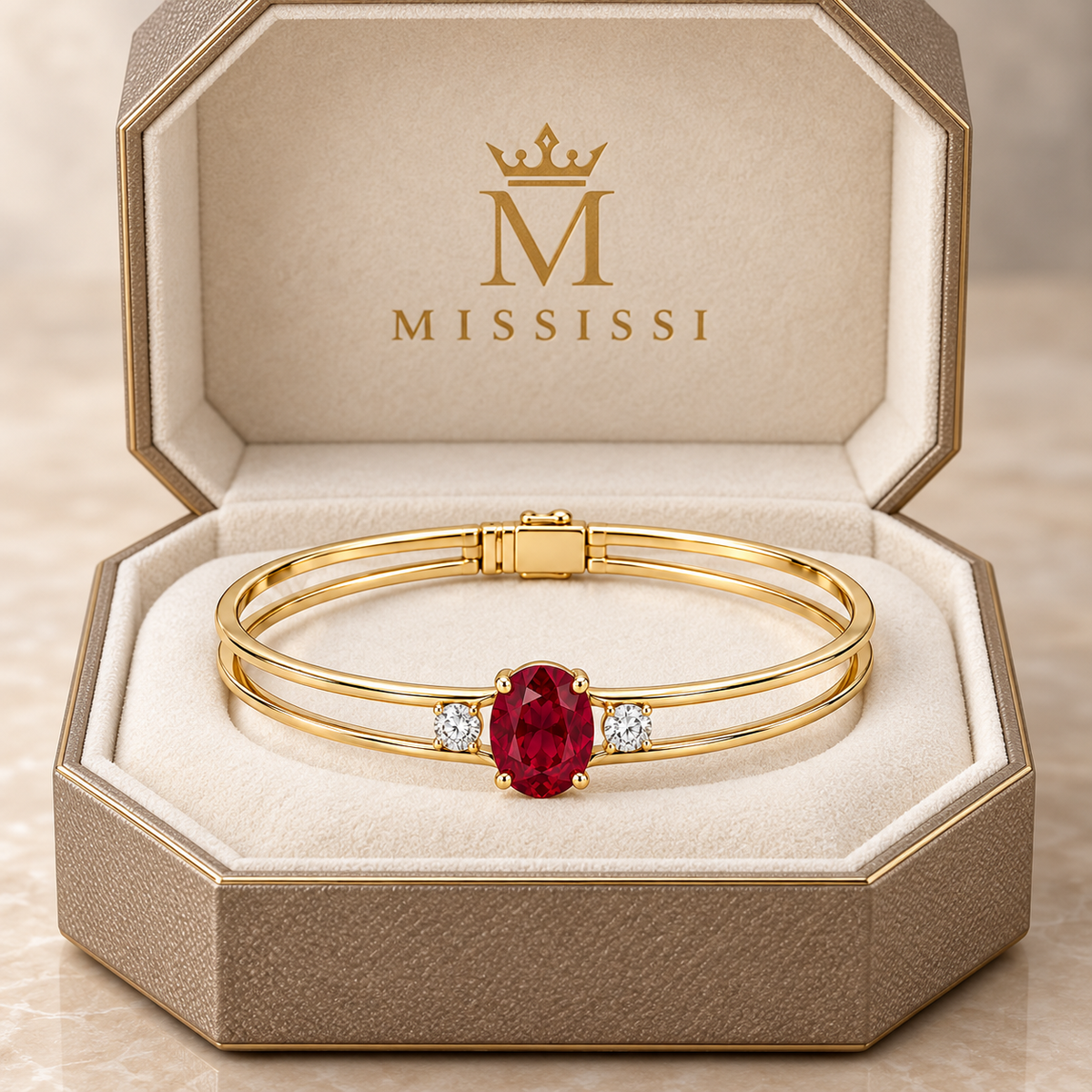 MISSISSI H26-RB01 yellow gold double-rail bangle with an oval lab-grown ruby and two round lab-grown diamonds. Champagne octagonal MISSISSI packaging visualization.; design visualization