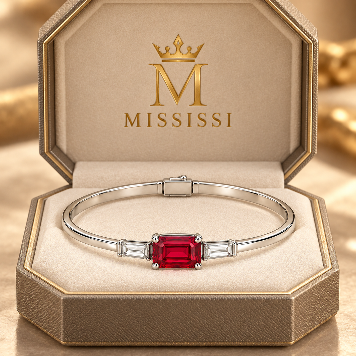 MISSISSI H26-RB02 white gold bangle with an east-west emerald-cut lab-grown ruby and two baguette lab-grown diamonds. Champagne octagonal MISSISSI packaging visualization.; design visualization