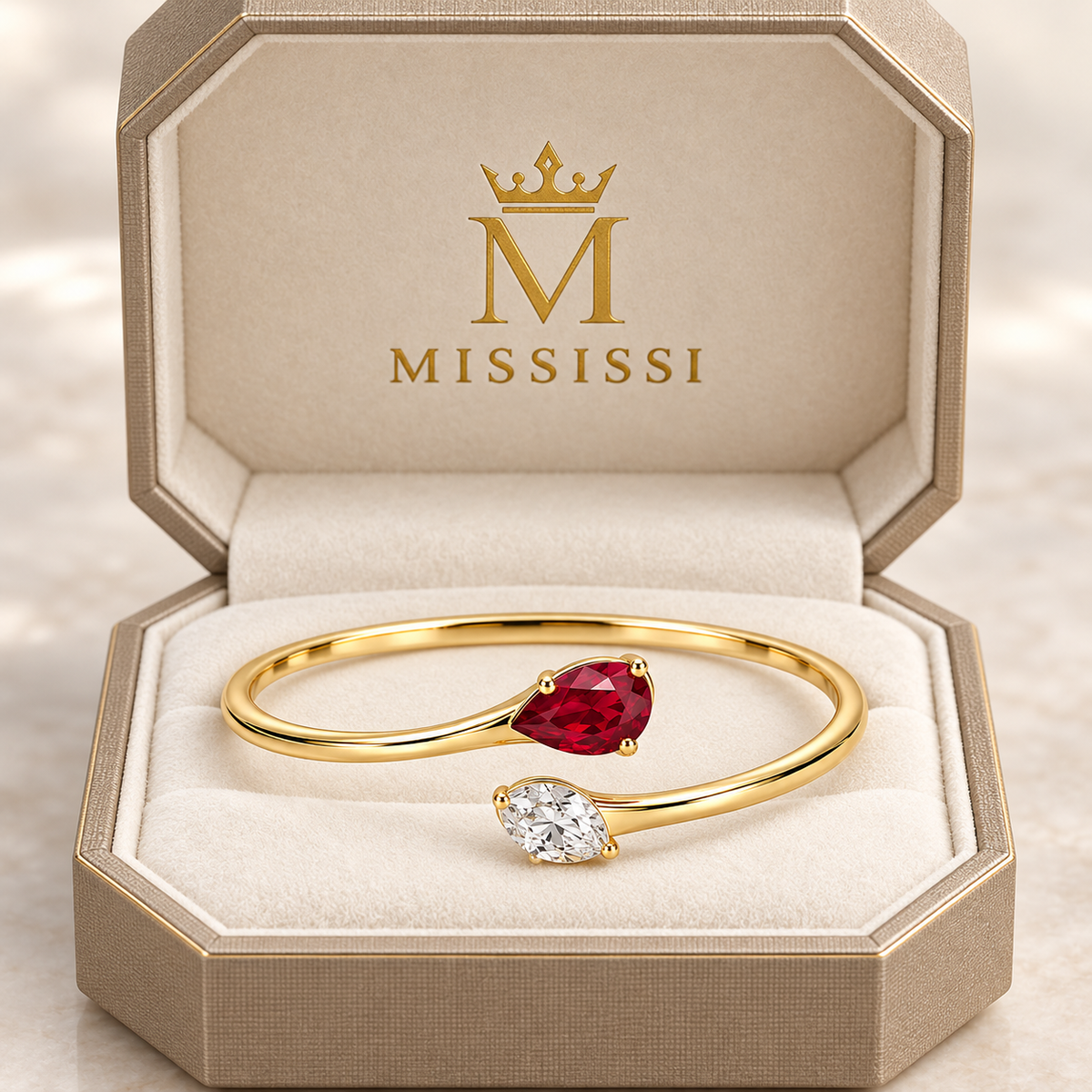 MISSISSI H26-RB03 yellow gold bypass bangle with red lab-grown ruby and white lab-grown diamond tips. Champagne octagonal MISSISSI packaging visualization.; design visualization