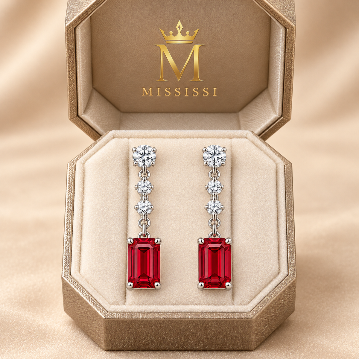 RE02 emerald-cut ruby drop earring pair in champagne octagonal MISSISSI packaging; design visualization