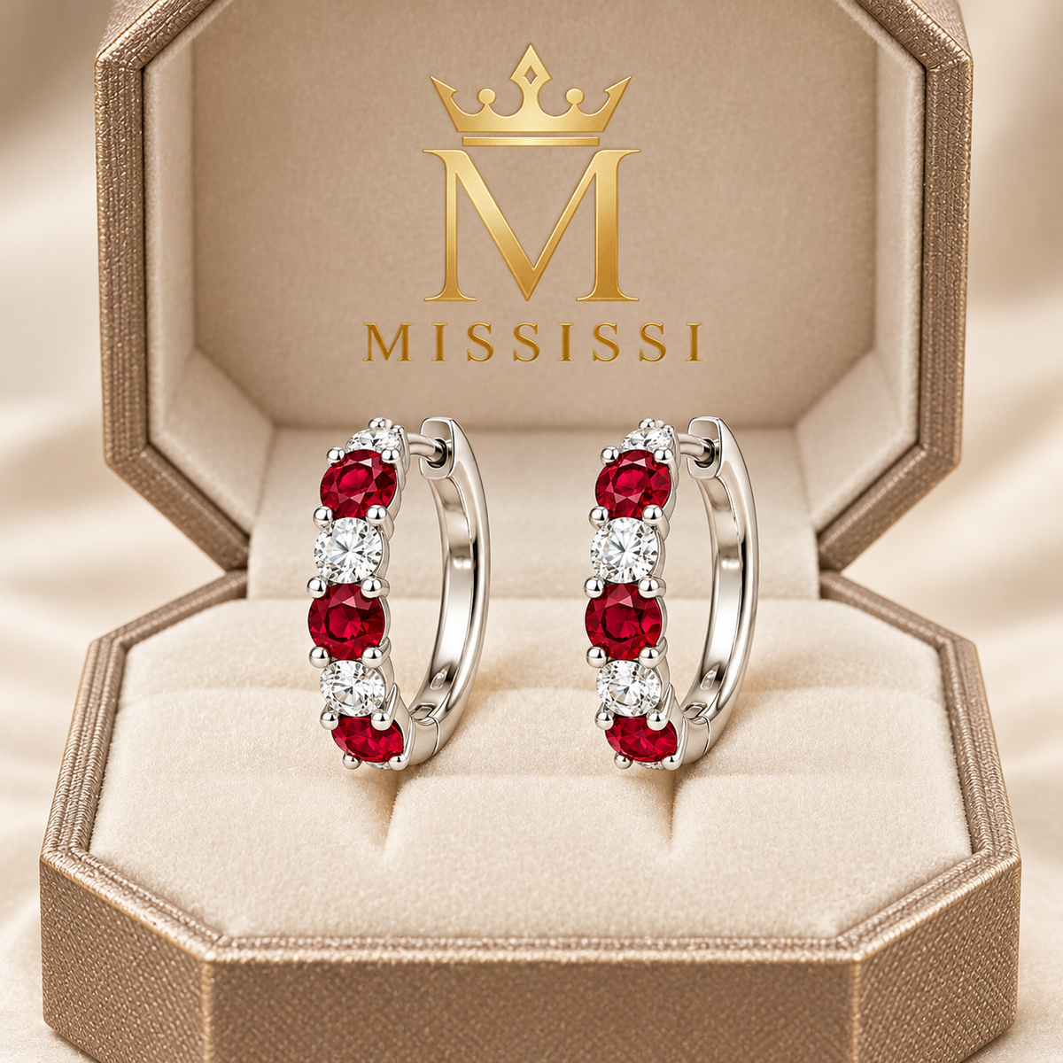 RE04 ruby and diamond hoop pair in champagne octagonal MISSISSI packaging; design visualization