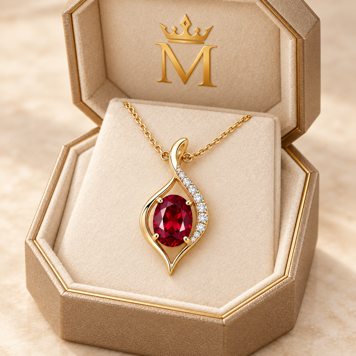 MISSISSI oval ruby ribbon necklace in a champagne octagonal crown-M box; design visualization