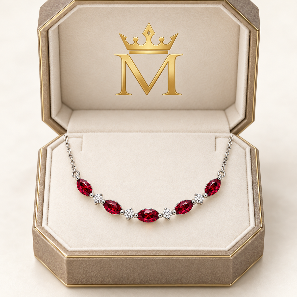 Champagne octagonal crown-M presentation box with MISSISSI marquise lab-grown ruby and round lab-grown diamond white gold necklace; design visualization