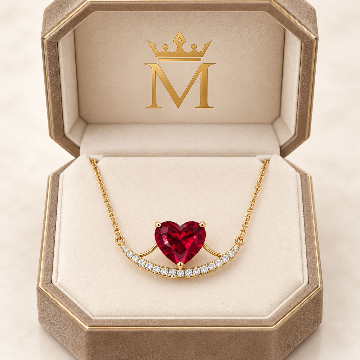 Champagne octagonal crown-M presentation box with MISSISSI heart lab-grown ruby double-curve yellow gold necklace with lab-grown diamonds; design visualization