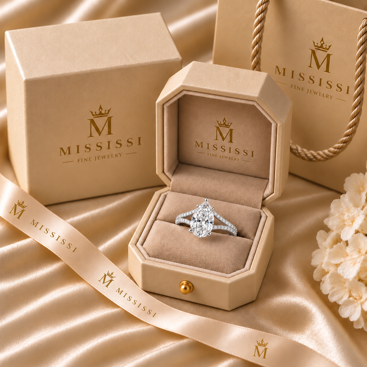 MISSISSI pear-shaped split-shoulder lab-grown diamond ring in presentation packaging. Design visualization.