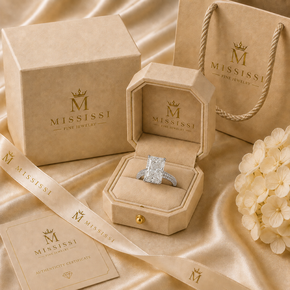 6 Carat Radiant Cut Lab-Grown Diamond Engagement Ring, jewelry detail view — MISSISSI Fine Jewelry