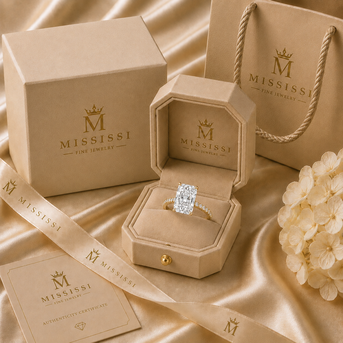 4 Carat Radiant Cut Lab-Grown Diamond Hidden Halo Ring, jewelry detail view — MISSISSI Fine Jewelry