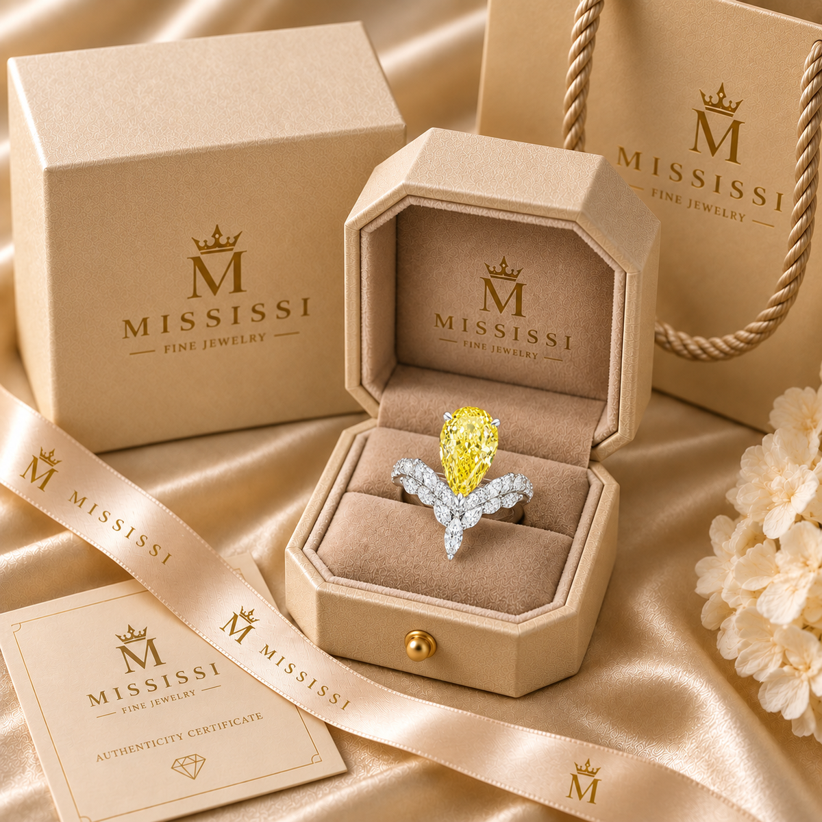 MISSISSI 5 carat pear cut yellow lab-grown diamond ring in luxury jewelry box