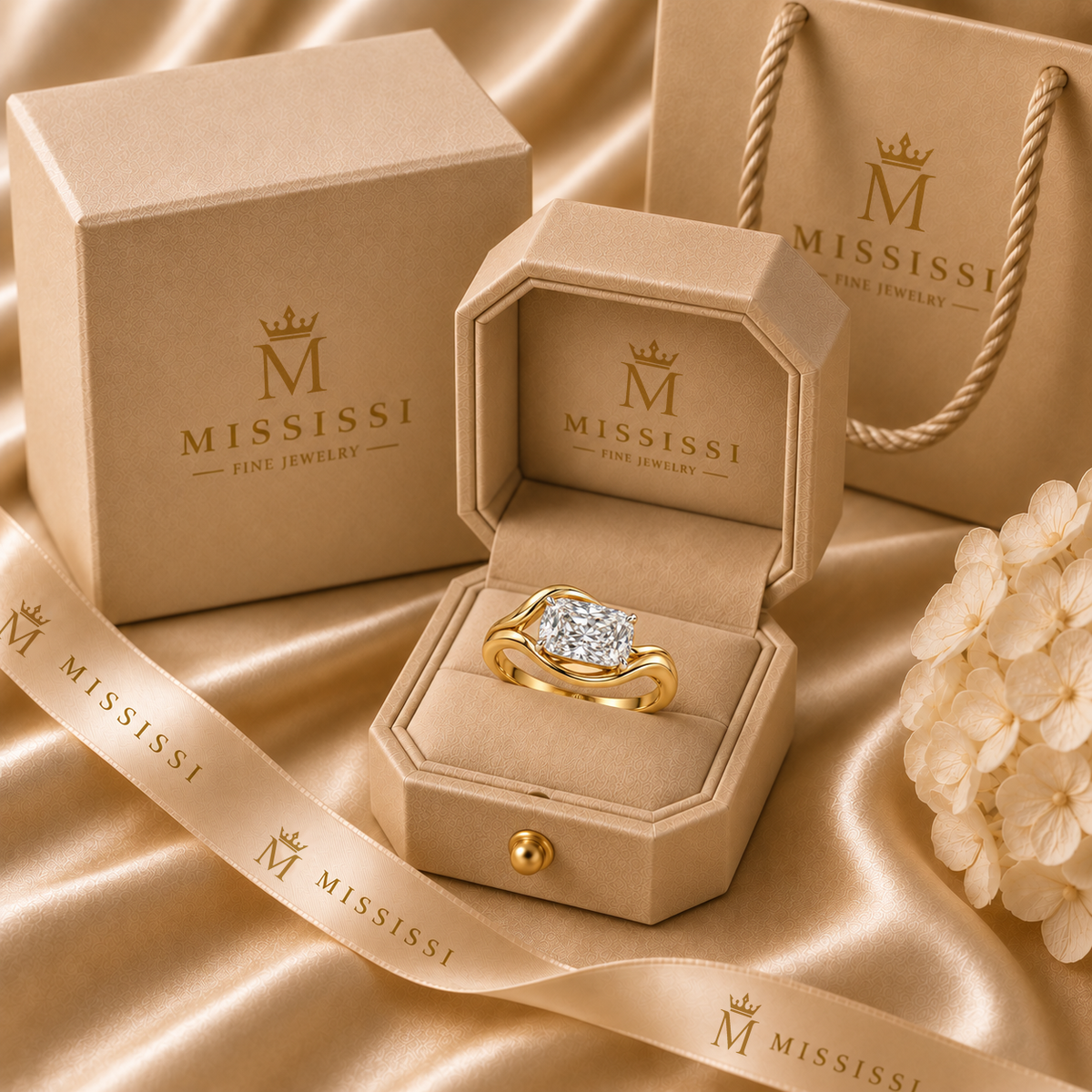 AI design visualization of Crosslight East-West Cushion Lab-Grown Diamond Ring — packaging visualization