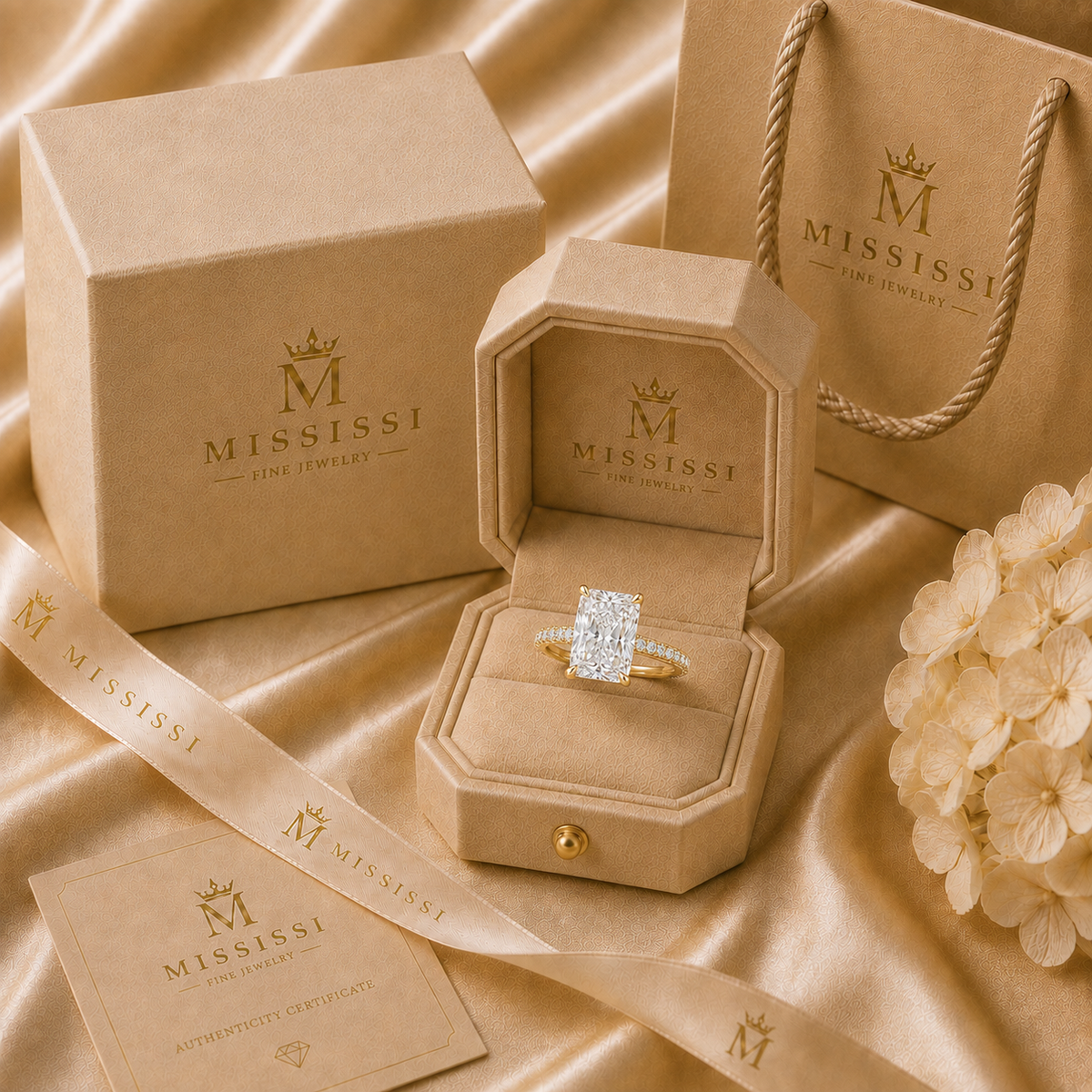6 Carat Radiant Cut Lab-Grown Diamond Pavé Ring, jewelry detail view — MISSISSI Fine Jewelry