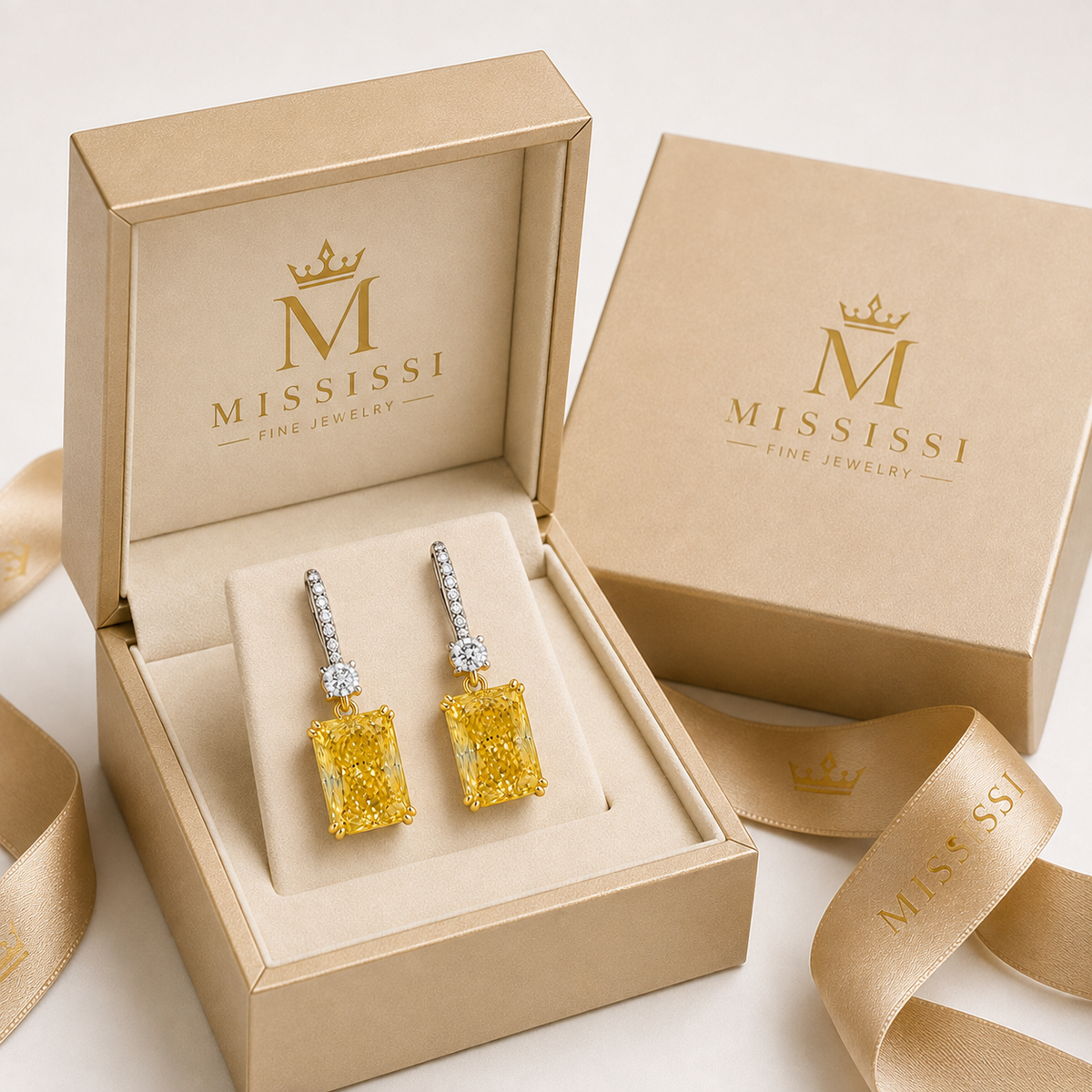 3 Carat Each Fancy Yellow Radiant Lab-Grown Diamond Earrings, jewelry detail view — MISSISSI Fine Jewelry