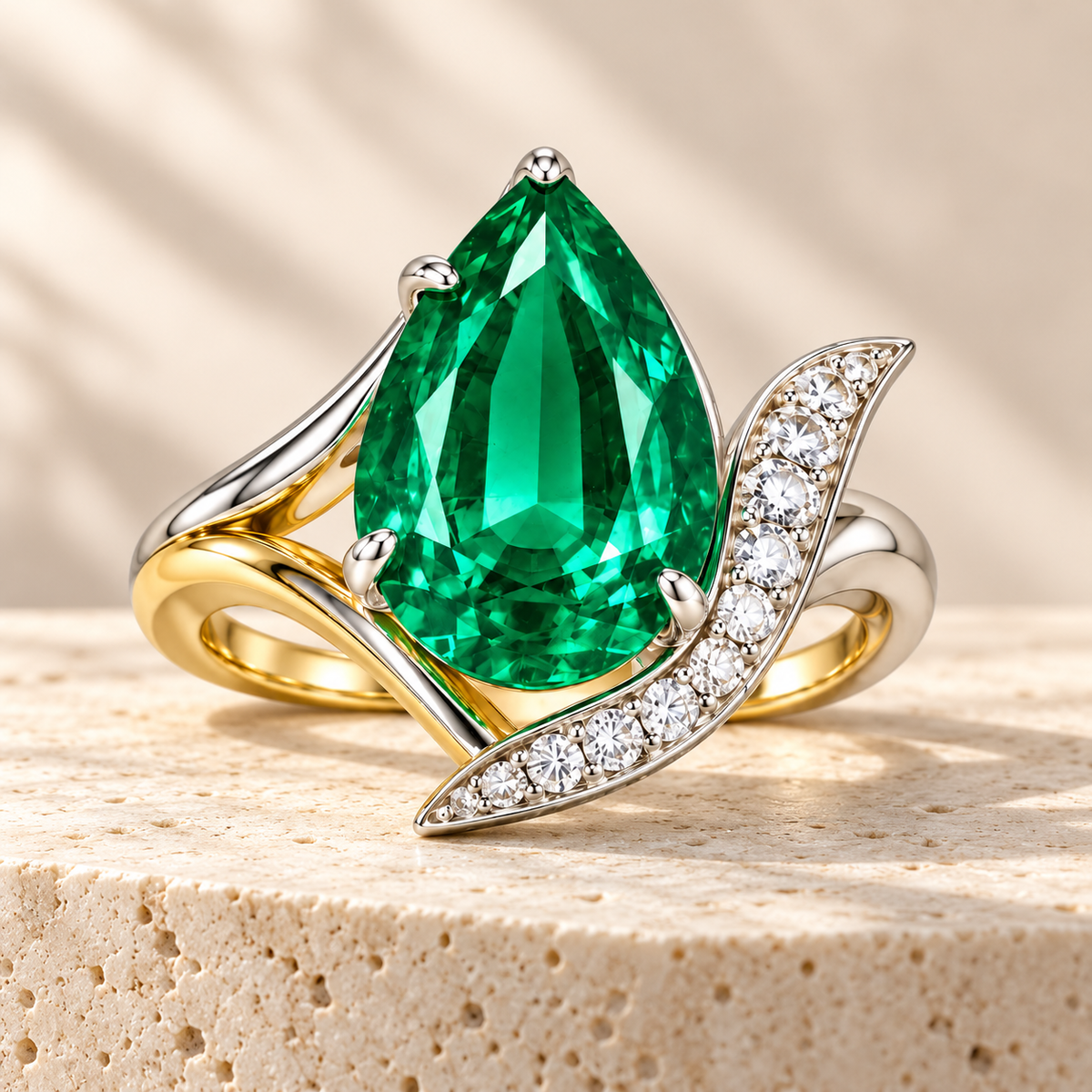 MISSISSI GE26-R04 lab-grown emerald ring, styled scene. Design visualization.