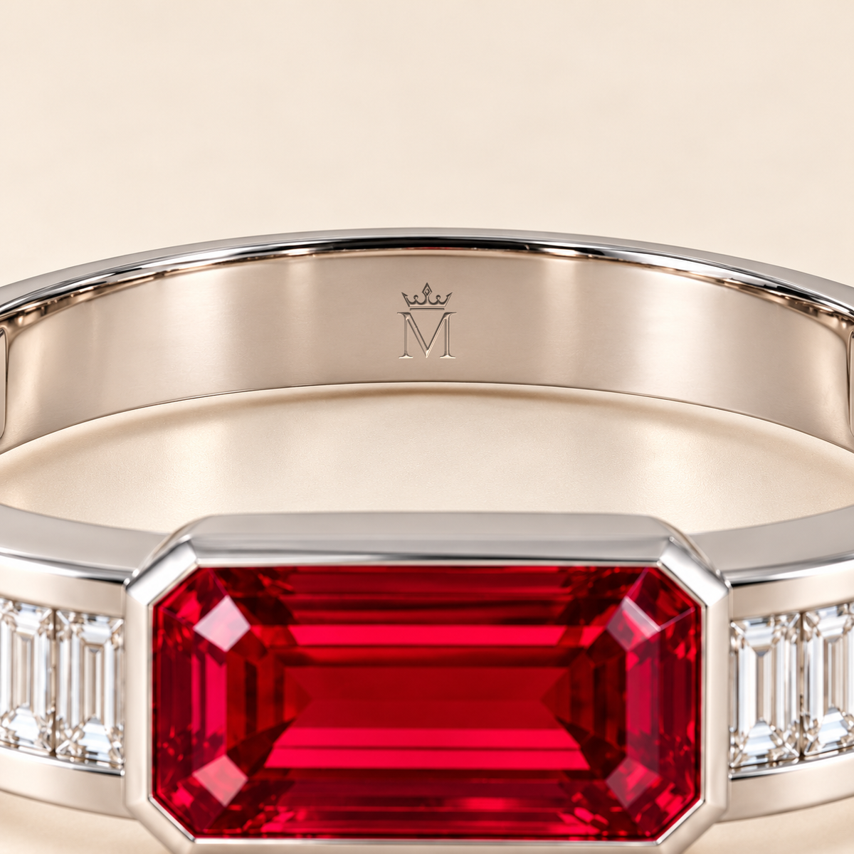 MISSISSI HR26-B20 lab-grown ruby bangle, inside-band crown and M engraving detail. Design visualization.
