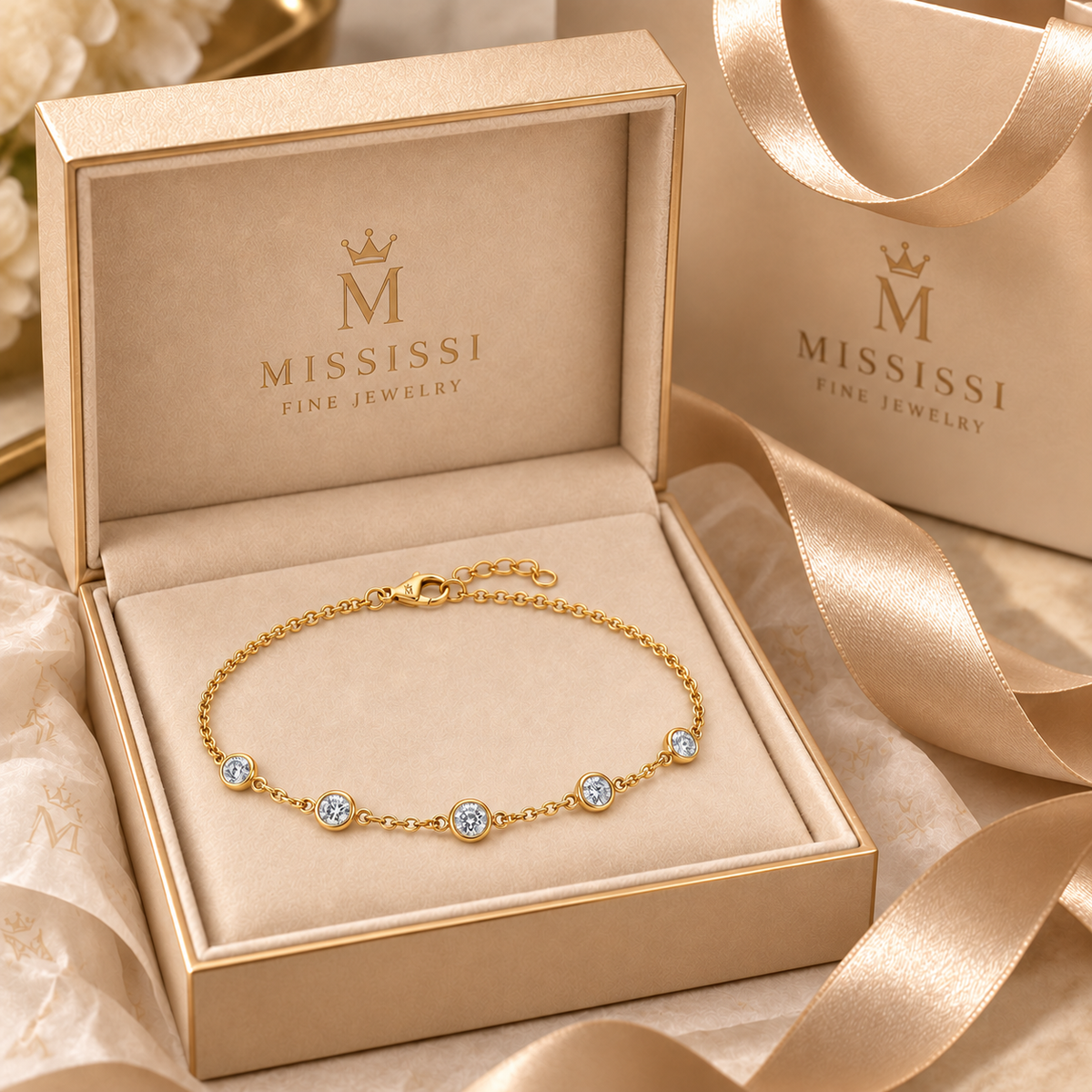Constellation jewelry presented in champagne beige MISSISSI Fine Jewelry gift packaging. AI-edited crown-M engraving concept on the existing lobster clasp shell; engraving and scale are illustrative.