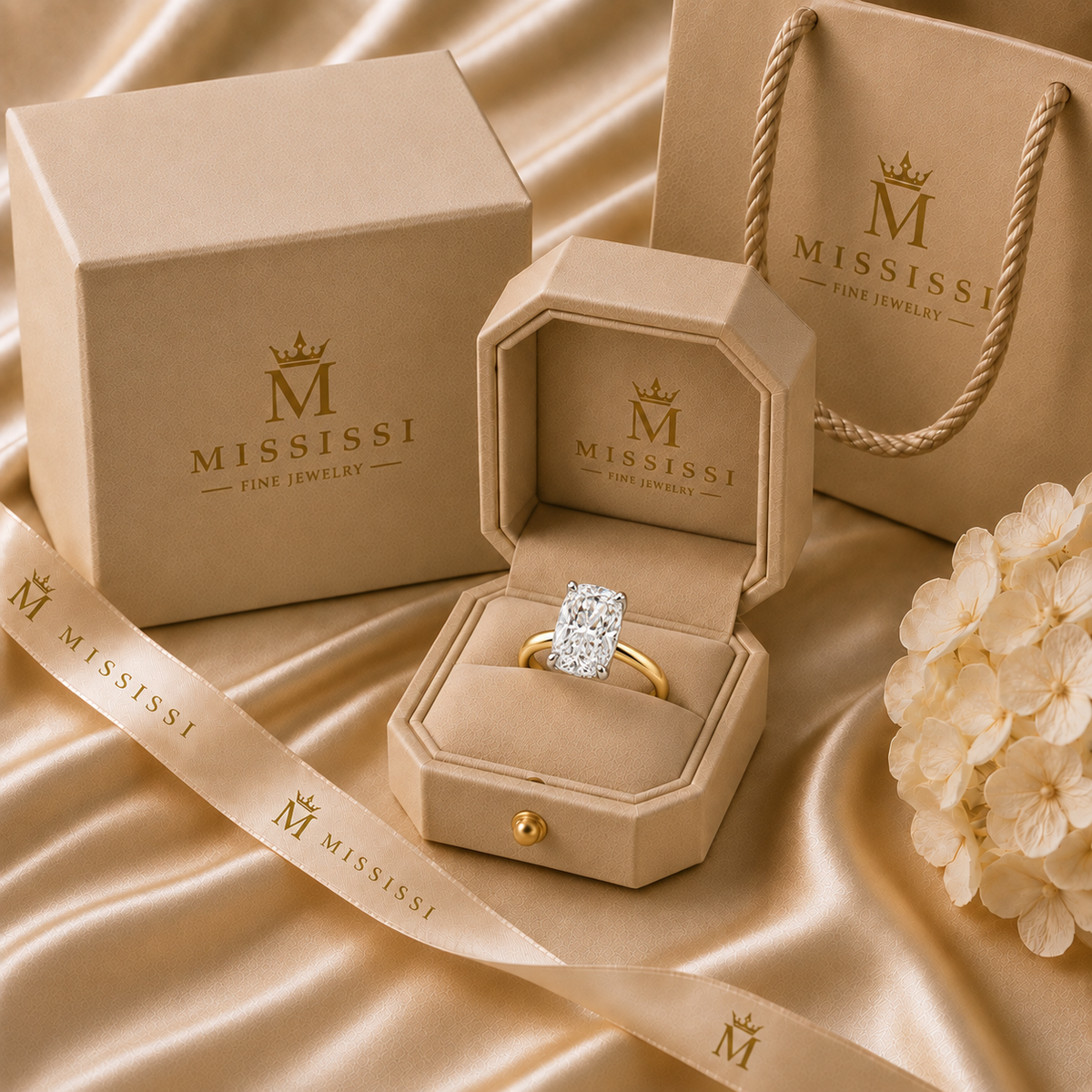 AI-generated packaging illustration of an elongated cushion brilliant four-prong hidden halo ring in a champagne MISSISSI ring box with gift box and shopping bag.
