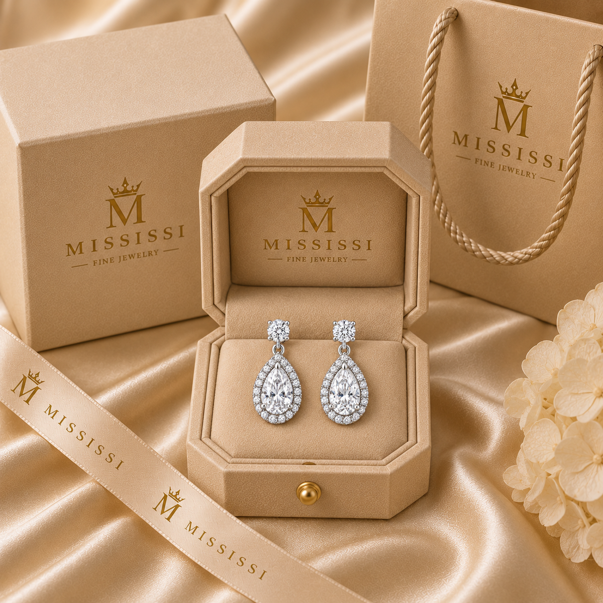 Cora pear halo drop earrings in 14K white gold, presented in coordinated champagne-beige MISSISSI packaging.