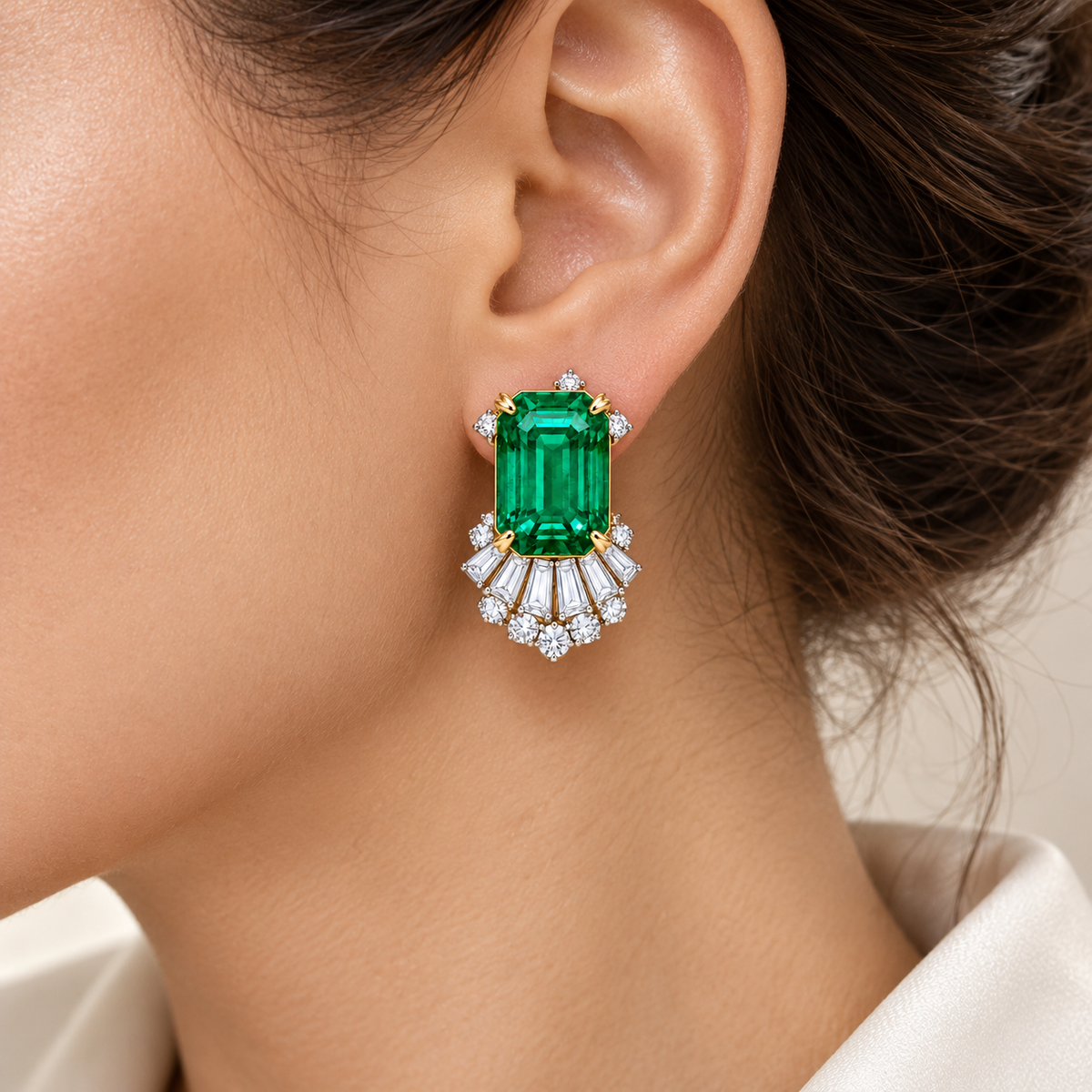 MISSISSI Verdant Fan GE26-E01, single earring worn on an ear; illustrative styling visualization, not a measurement or fit guarantee.