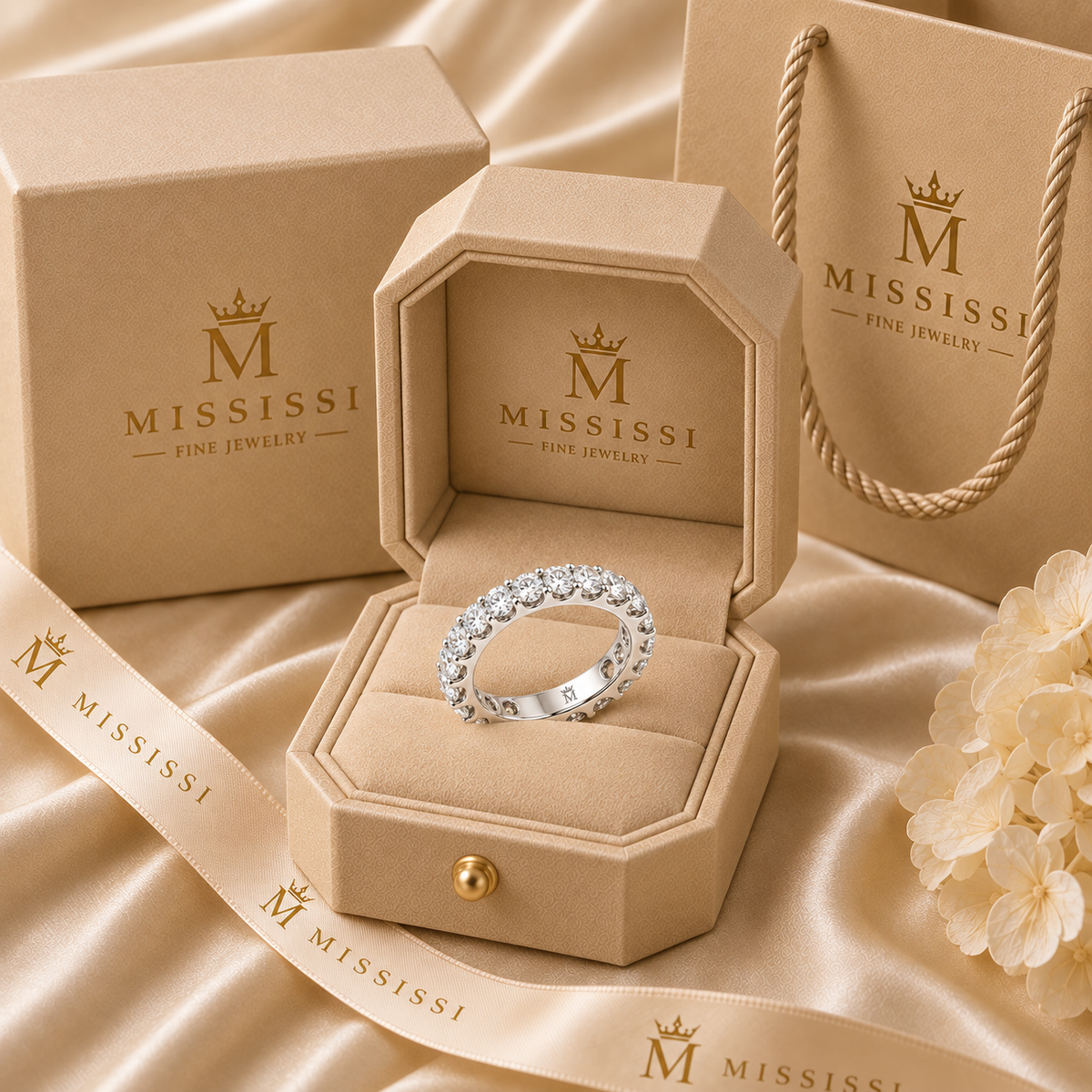 Lumen round diamond full-eternity wedding band in 14K white gold, presented in coordinated champagne-beige MISSISSI packaging.