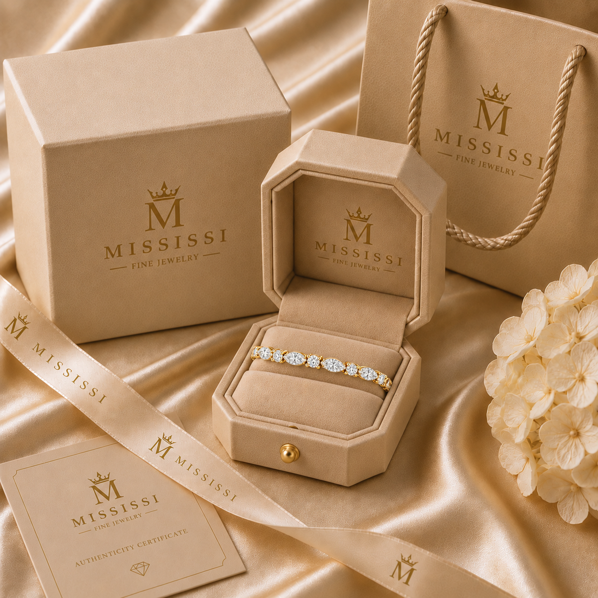MISSISSI Maris 2.50 total carat marquise and round lab-grown diamond tennis bracelet in 14K yellow gold, official branded packaging