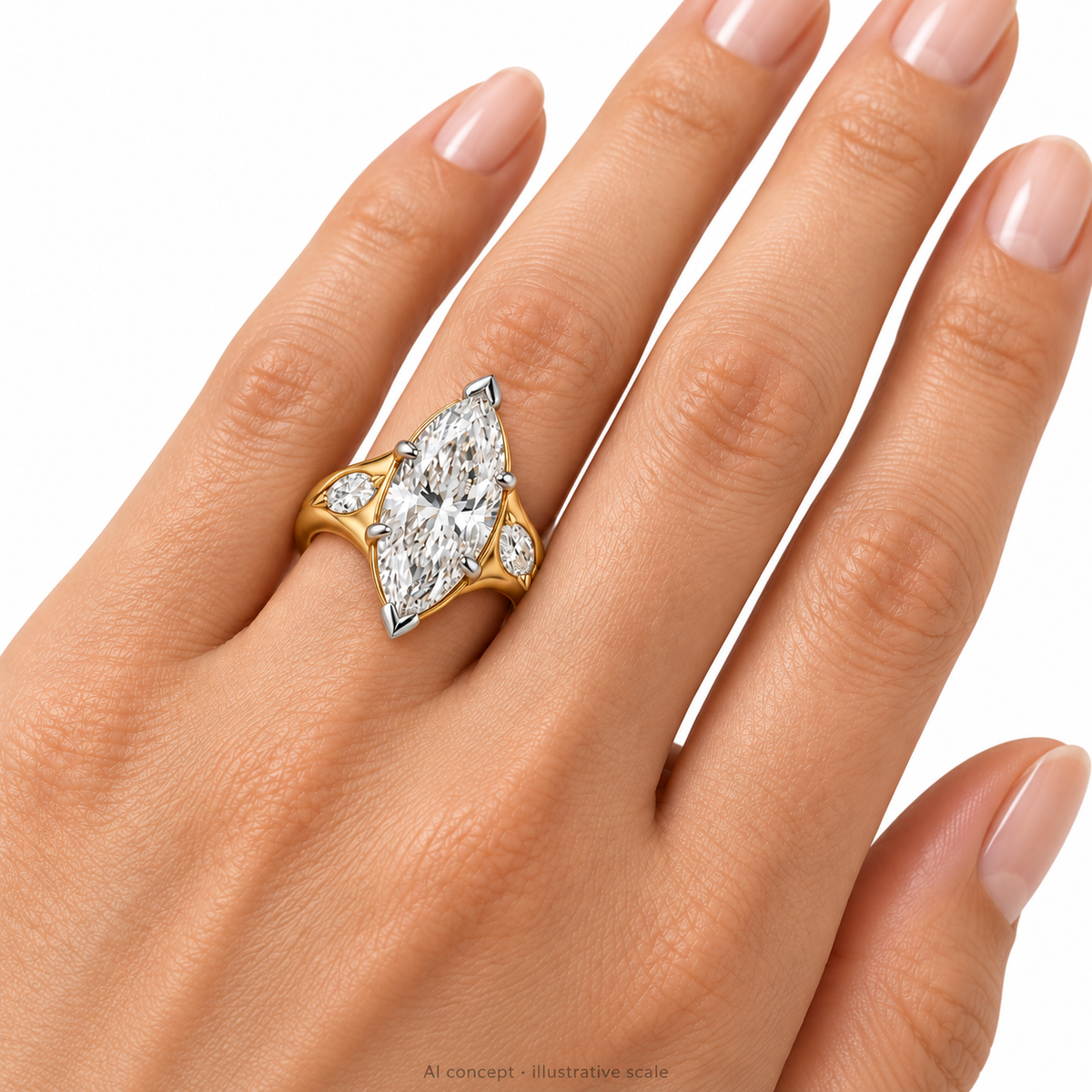 AI-generated on-hand illustration of the RIVERFOLD three-marquise ring; proportions are illustrative and do not verify ring size or fit.