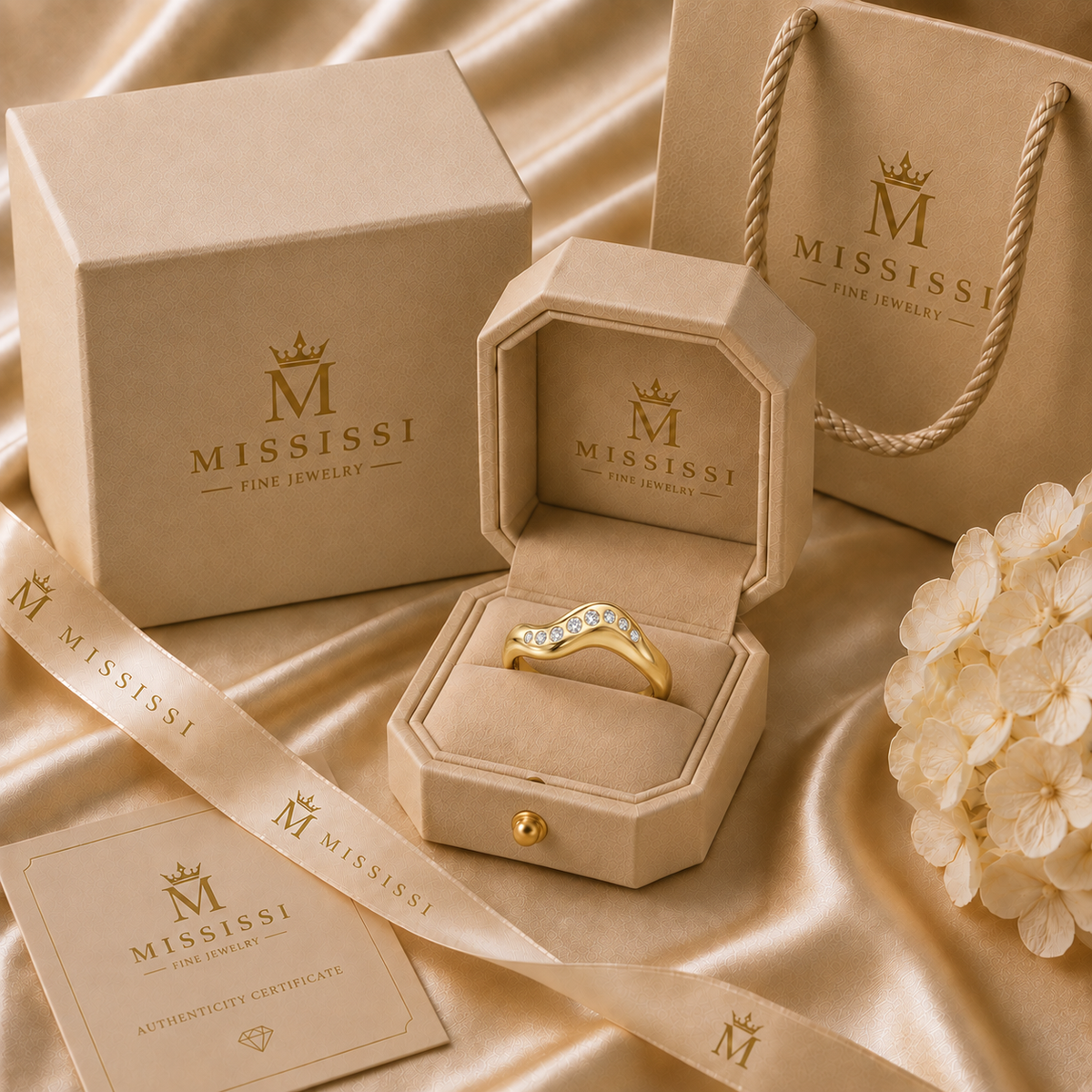 MISSISSI Vela 0.35 total carat lab-grown diamond wave ring in 14K yellow gold, official branded packaging