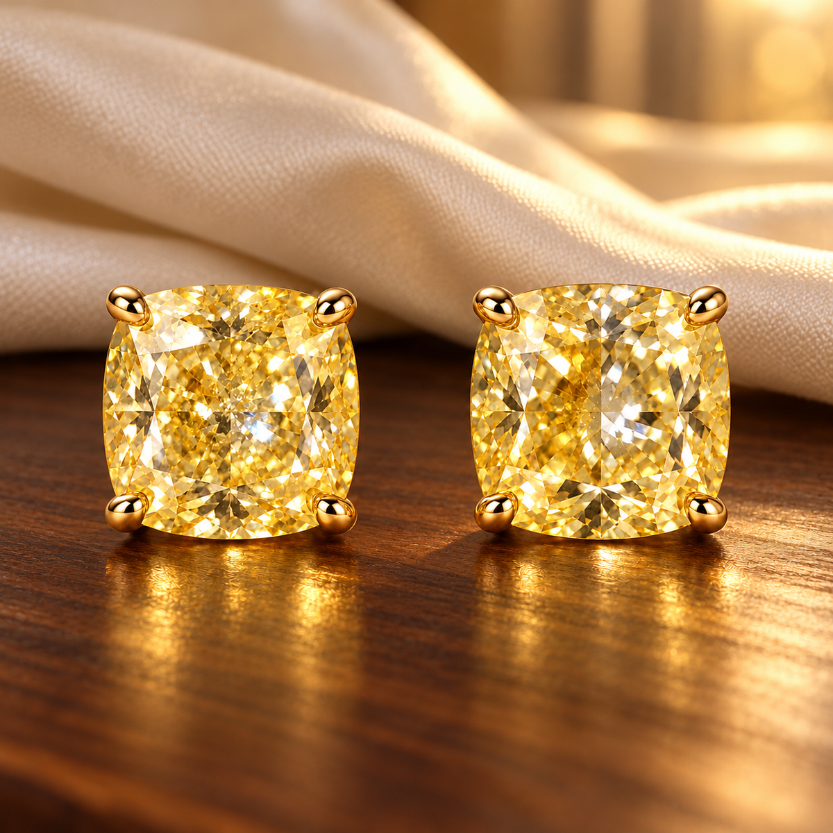 Design visualization of MISSISSI YE01 yellow lab-grown diamond earrings, pair on walnut with silk