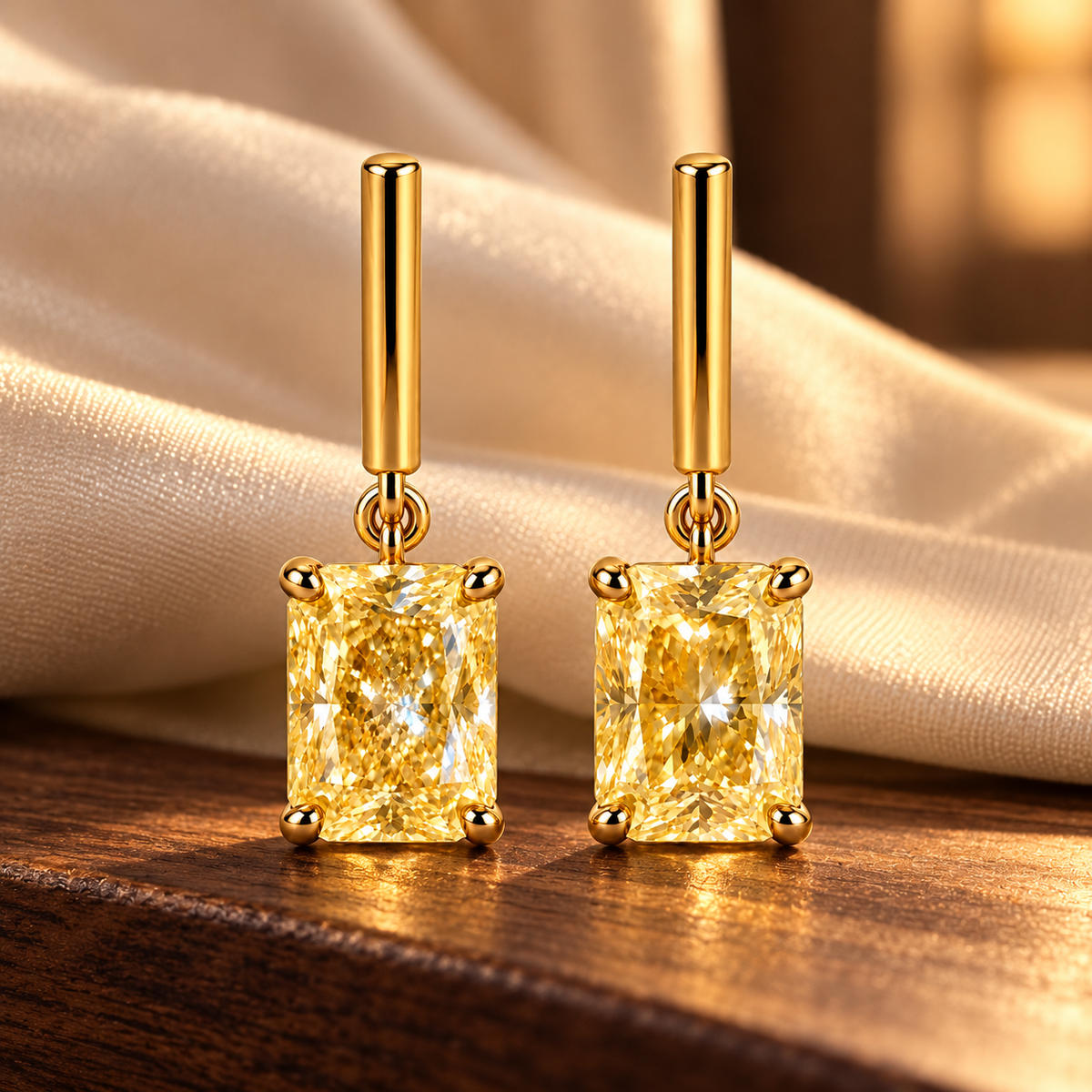 Design visualization of MISSISSI YE05 yellow lab-grown diamond earrings, pair on walnut with silk