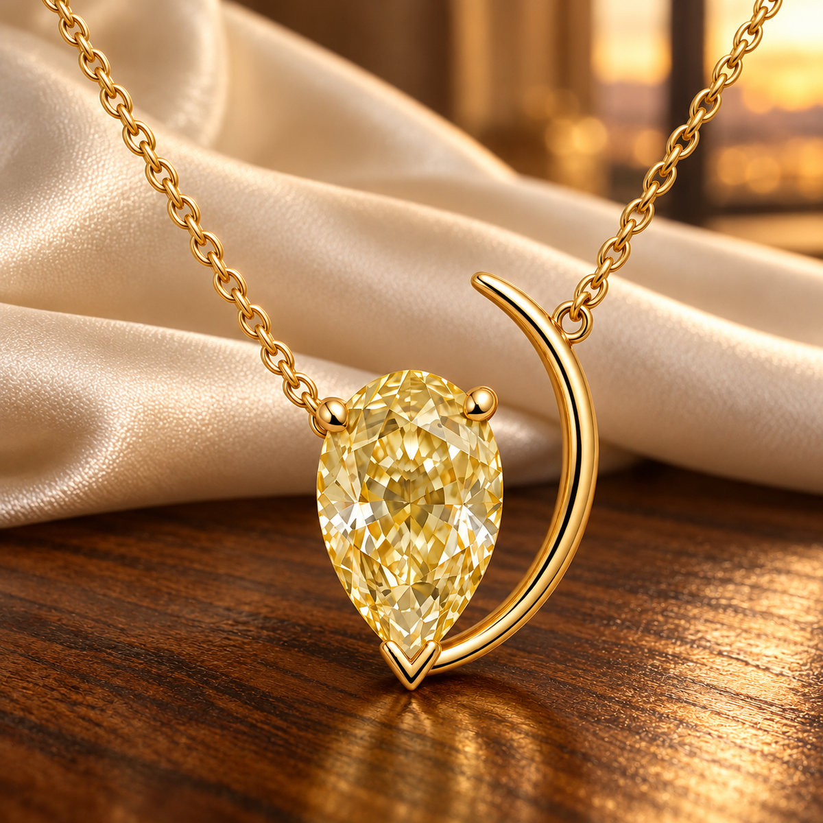 Design visualization of MISSISSI YN07 yellow lab-grown diamond necklace, on walnut with silk