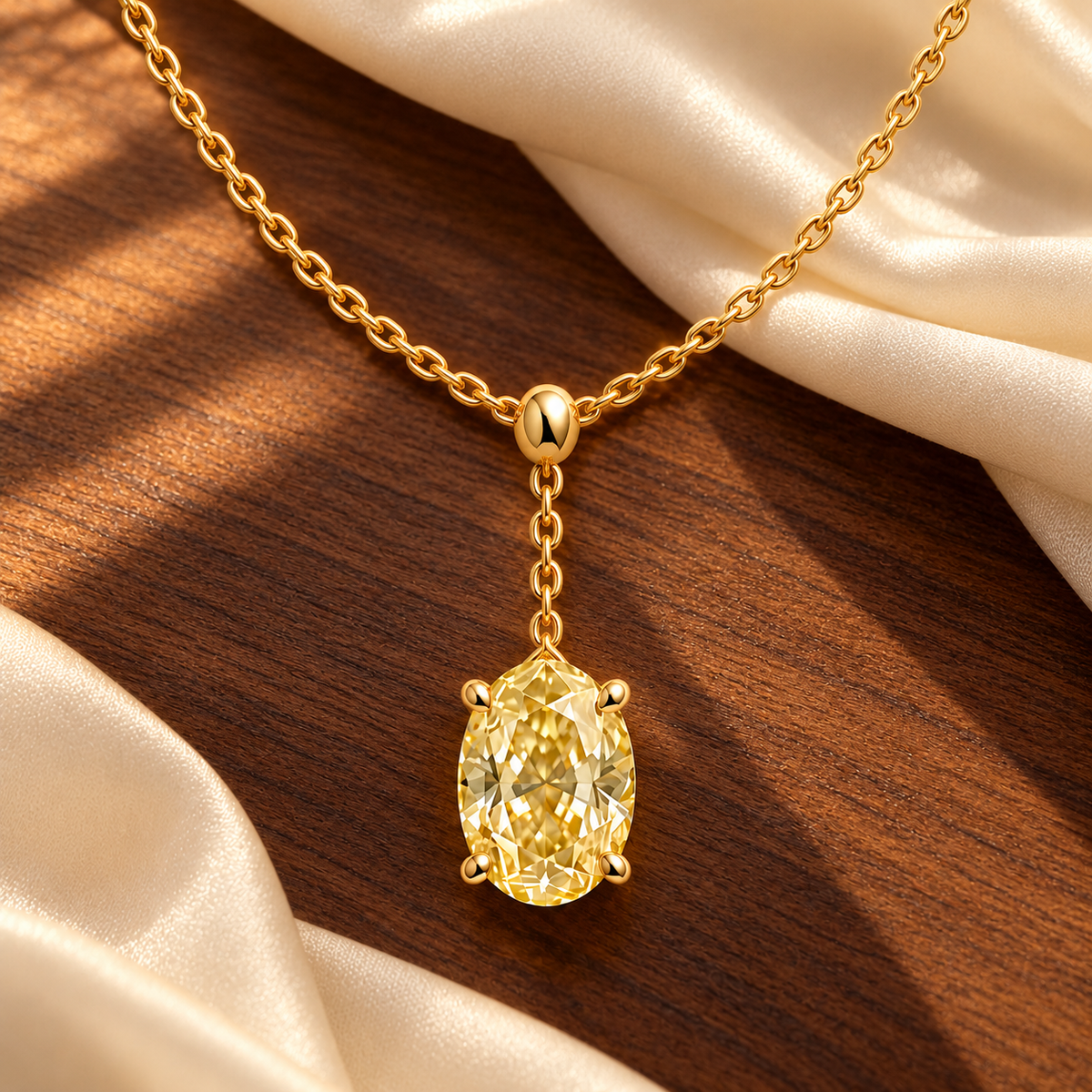 Design visualization of MISSISSI YN09 yellow lab-grown diamond necklace, on walnut with silk