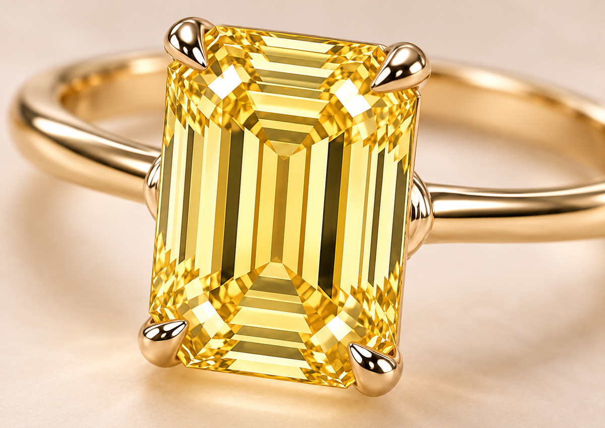 MISSISSI YR02 yellow lab-grown diamond ring setting and gemstone facet macro detail; design visualization
