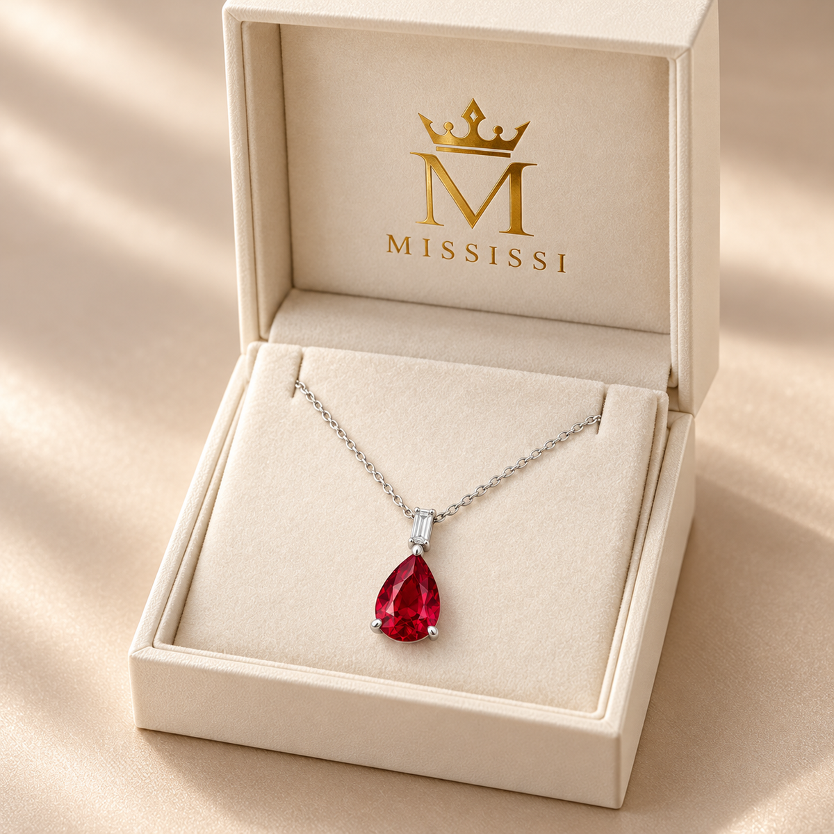 MN04 necklace in ivory presentation box with official MISSISSI crown-and-M branding; design visualization