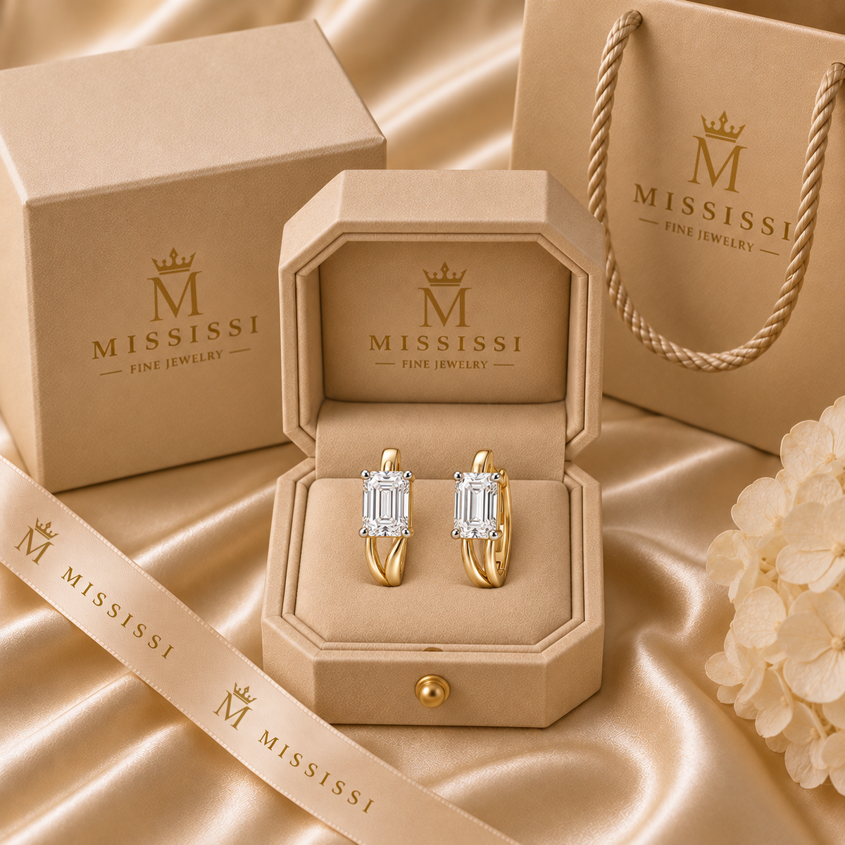 AI design visualization of Steplight Emerald-Cut Lab-Grown Diamond Huggie Earrings — packaging visualization