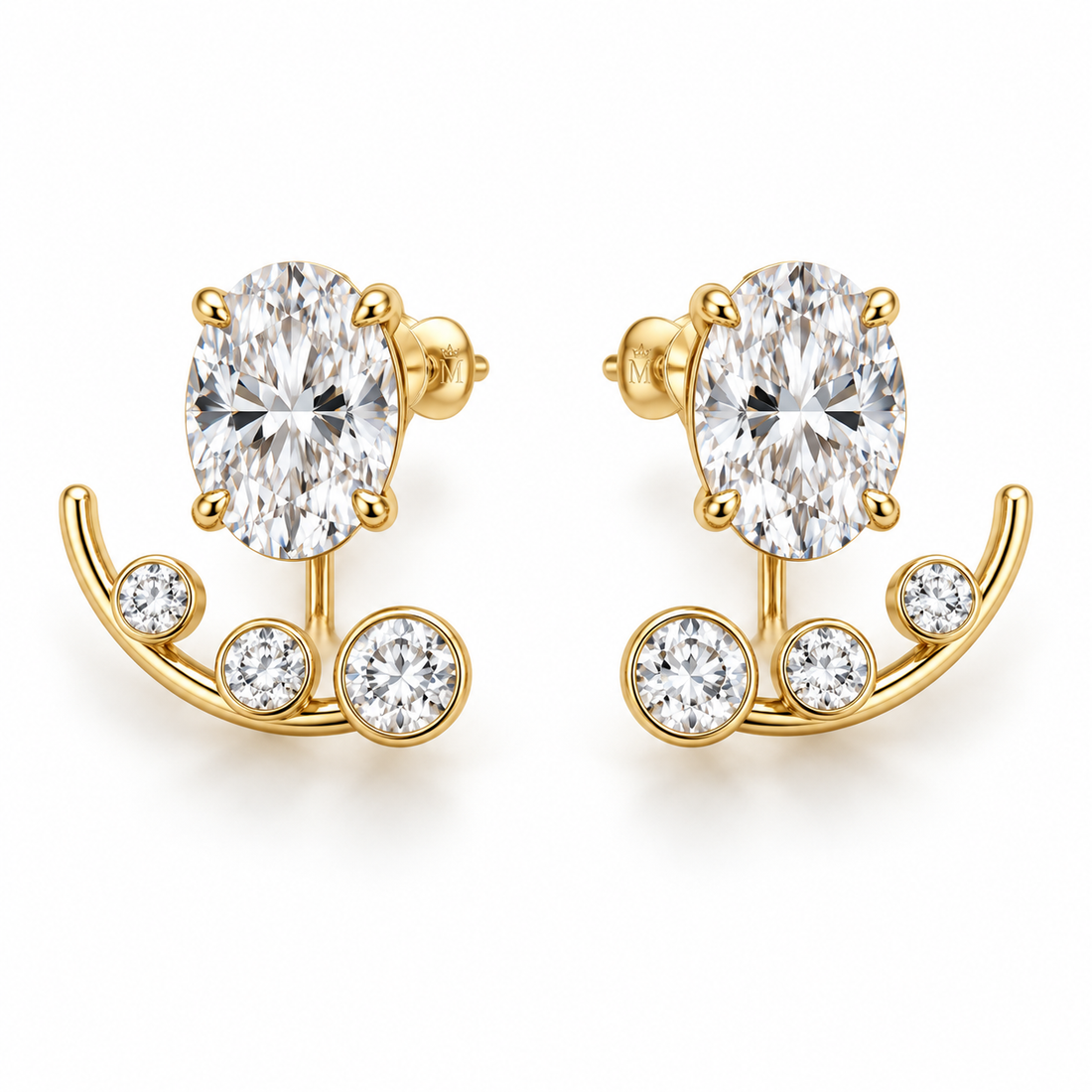 Arclet oval diamond studs and graduated round ear jackets, matching pair in yellow gold, AI design preview