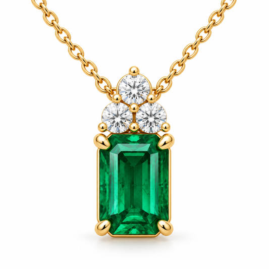 EM06 Emerald Trio necklace design visualization in yellow gold, with one upright emerald-cut green emerald and three round diamond accents