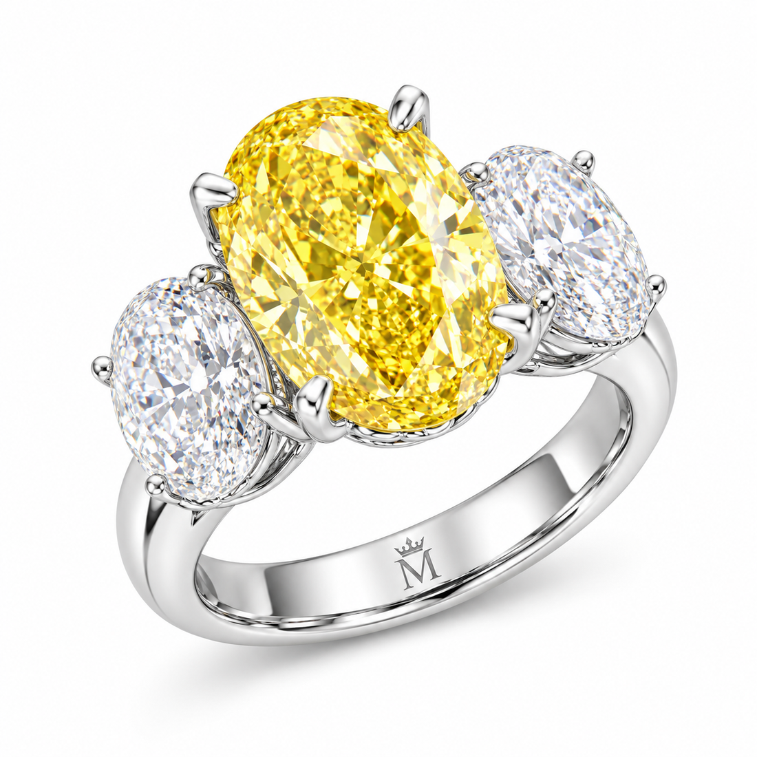 12 carat oval fancy yellow lab-grown diamond three-stone ring by MISSISSI