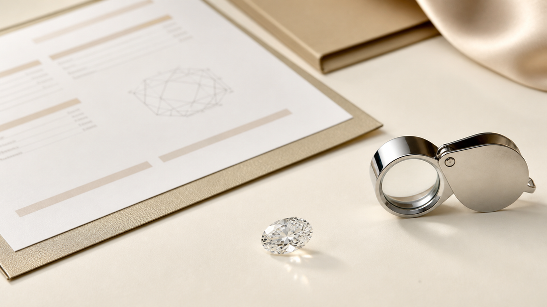Lab-grown diamond beside a generic grading report and jeweler loupe for IGI report verification