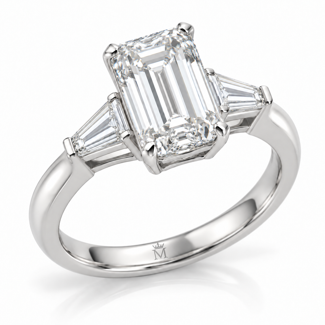 MISSISSI 2 carat emerald-cut lab-grown diamond three-stone ring with tapered baguette side stones