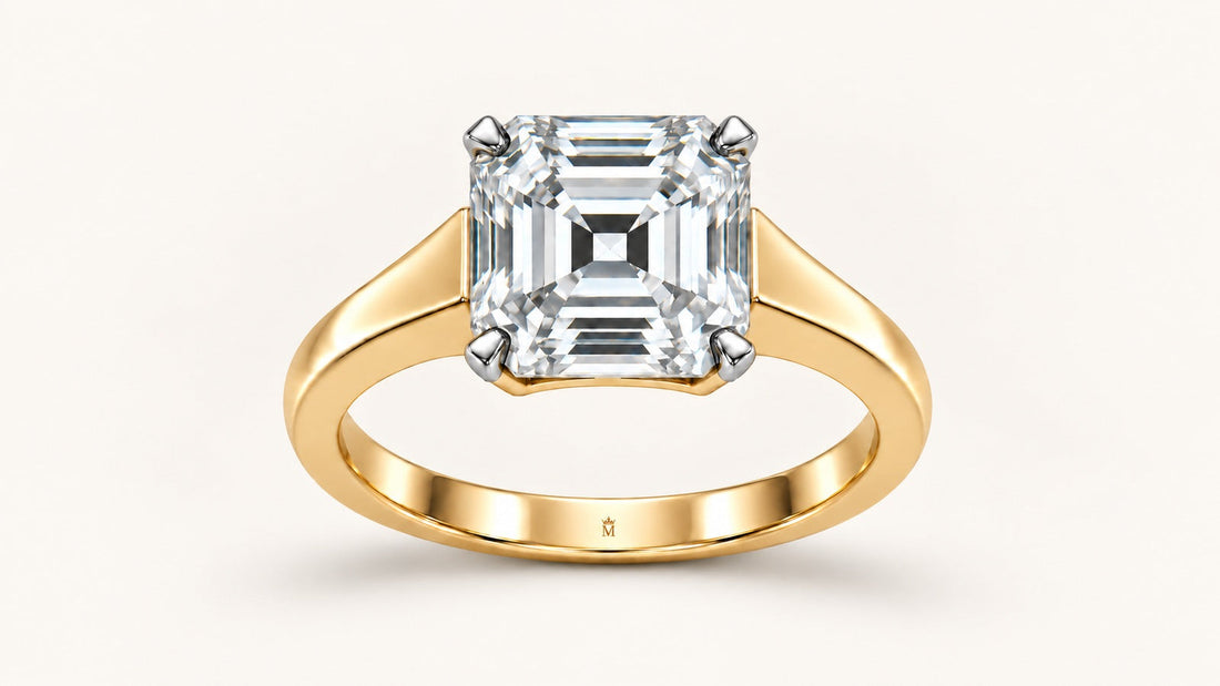 AI design visualization of MISSISSI Facet Poise Asscher-cut lab-grown diamond ring with a yellow-gold band and four white-gold corner claws