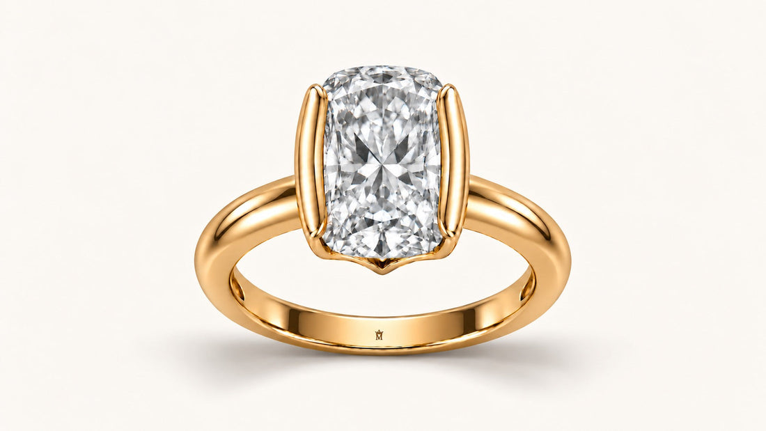 AI front design visualization of MISSISSI Embrace elongated cushion lab-grown diamond ring with two long-side yellow-gold half-bezels