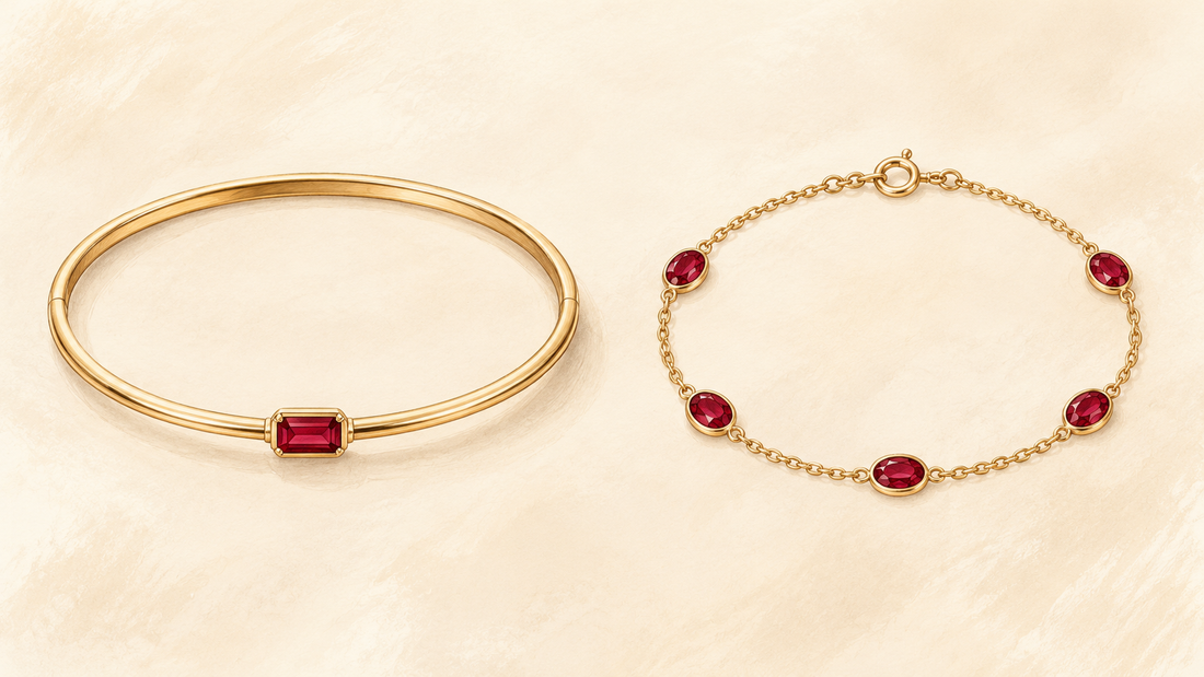 Generic rigid ruby bangle and flexible five-station ruby bracelet shown side by side.