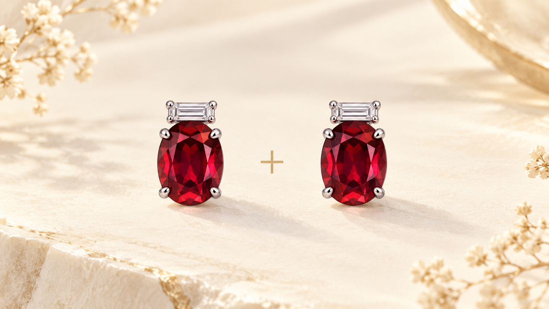 Two generic oval red gemstone earrings separated by a plus sign illustrate counting a pair.