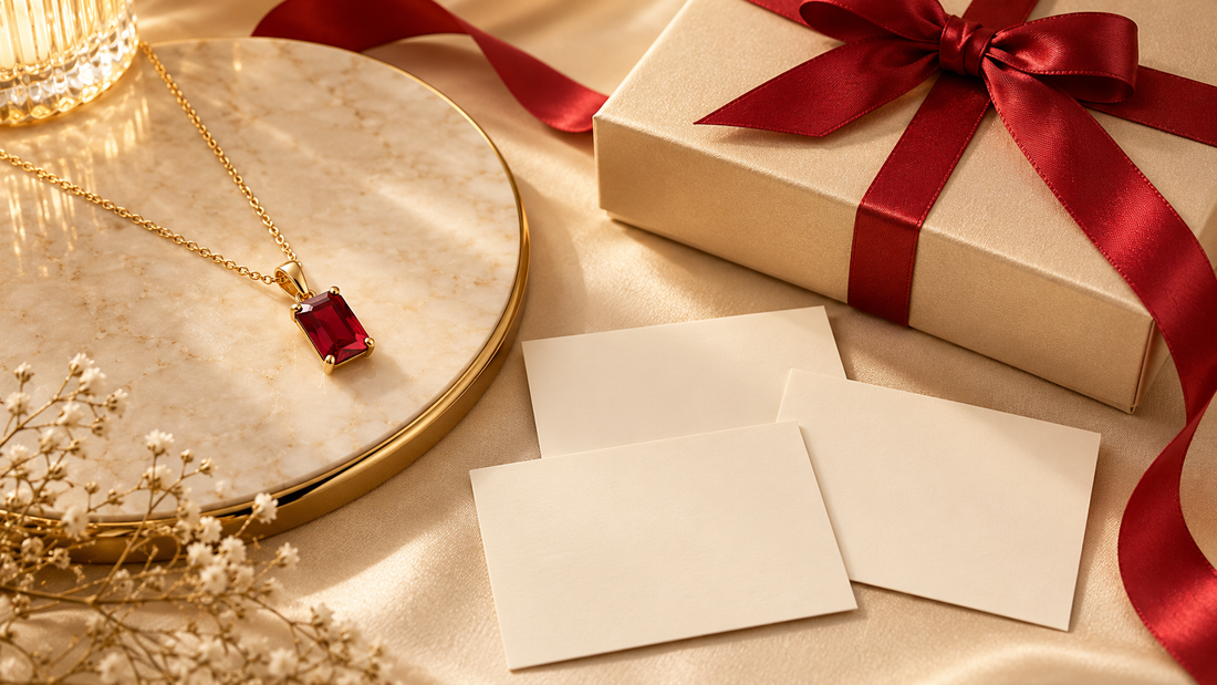 Generic red gemstone pendant beside a champagne gift box and blank cards; gift-planning design visualization.