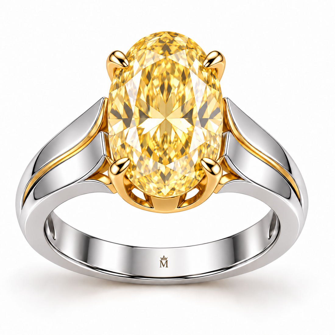 Golden Sway yellow moval lab-grown diamond ring with two-tone shoulders, AI-generated design visualization